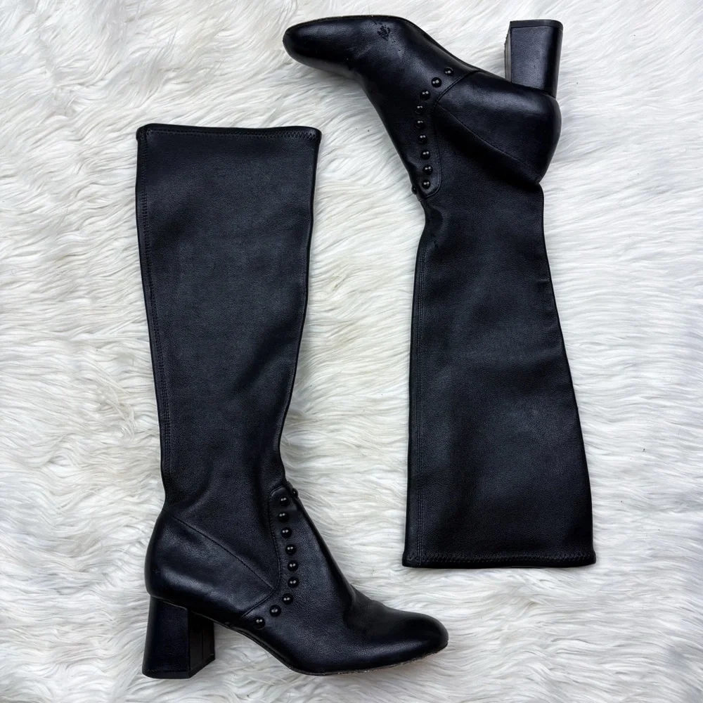 Coach Britney Leather Knee High Tall Studded Sock Boot Heeled Black Size 6